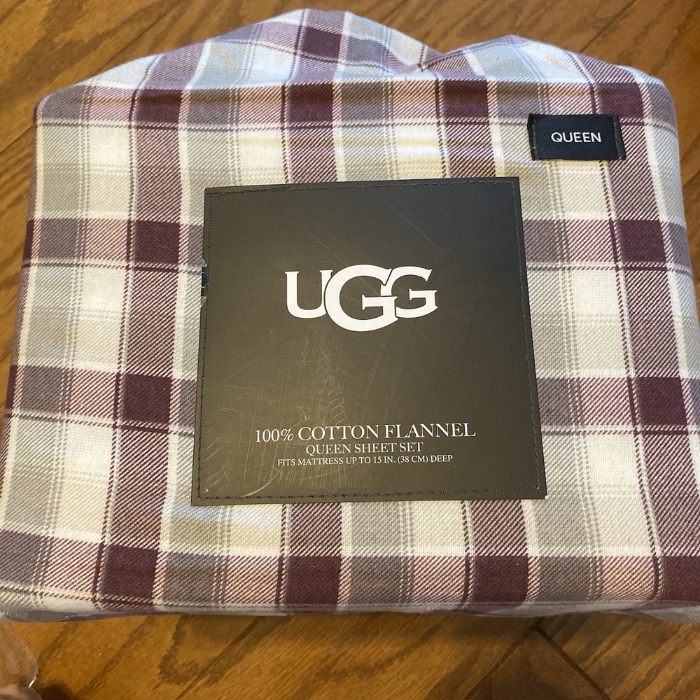 NEW UGG Queen Sheet Set  100% Cotton Flannel Lodge Burgundy Oeko-Tex Natural